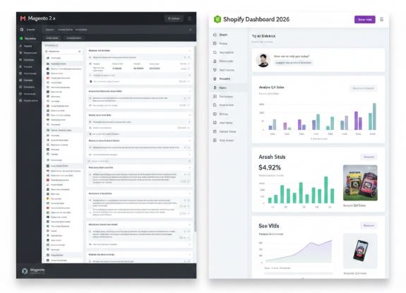 A side-by-side comparison showing the shift from Magento’s complex backend to the clean, AI-powered Shopify dashboard in 2026.