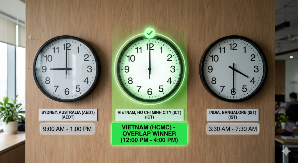 Timezone comparison Australia Vietnam India for offshore development